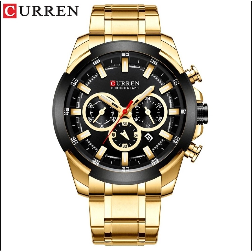 Curren Mens Chronograph Watch‎ Gold Tone Stainless Steel Black Dial New